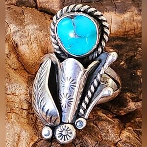 Vintage SIGNED! NAVAJO Jameson Lee Sterling Silver Bisbee Turquoise Ring- sz.8